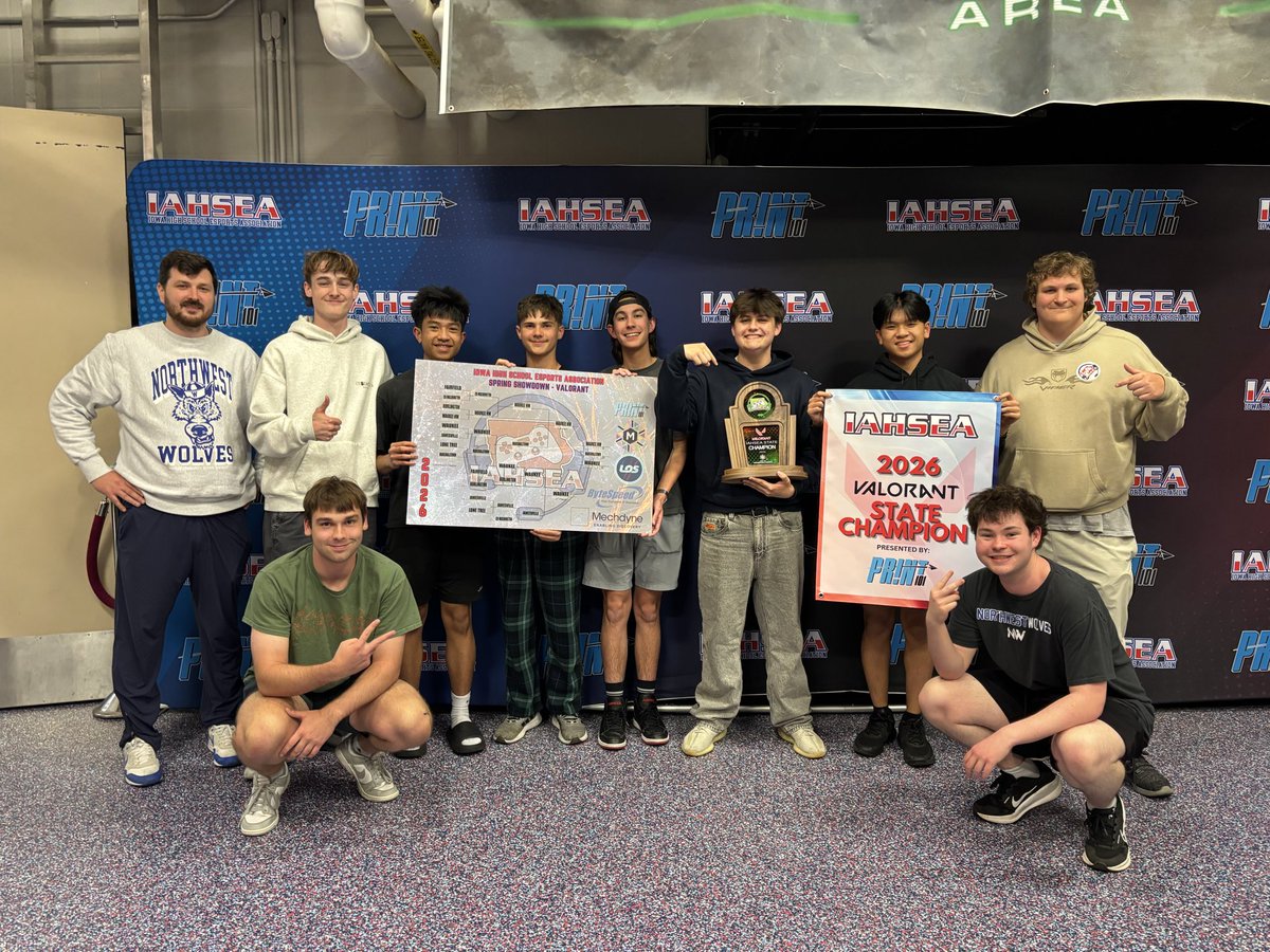 IAHSEAofficial's tweet photo. In a nail biter of a match, your 2026 Valorant STATE CHAMPS are…..
Waukee Northwest!! 
Runner Up: Marshalltown 
3rd Place: Waukee 

Congrats to all teams on their performances today, FANTASTIC matches all around. We are already looking forward to next year!! https://t.co/XjxiLN13iy