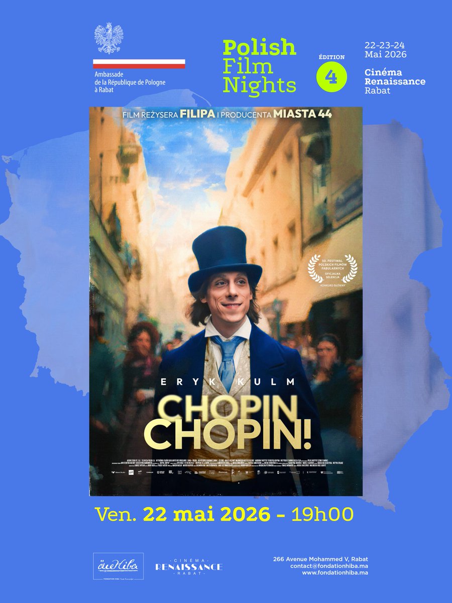 PLauMaroc's tweet photo. 🎥🎥 Les Polish Film Nights commencent déjà ce vendredi à 19 h avec le film « Chopin, Chopin ! » au Cinéma Renaissance, Rabat.
📍 Entrée gratuite.

🎥🎥 Pierwszy film w ramach Polish Film Nights, czyli „Chopin, Chopin !”, obejrzą Państwo już w najbliższy piątek o 19.00 w Cinéma Renaissance w Rabacie.
📍 Wstęp wolny.