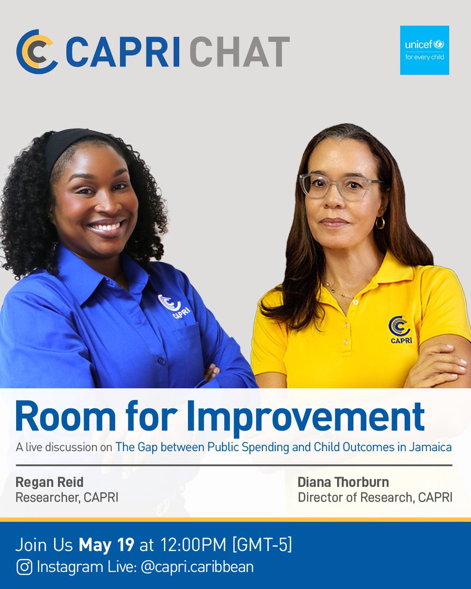 CapriCaribbean's tweet photo. 💬#CAPRIChat: Join us today at 12PM as we dive deeper into the findings and recommendations of #RoomForlmprovement: The Gap Between Public Spending and Child Outcomes in Jamaica.

CAPRI's Diana Thorburn (@Diana_Thorburn) and Regan Reid will also address the unanswered questions from Slido.

This report was produced in partnership with UNICEF Jamaica (@unicefjamaica)

#CAPRICaribbean #UNICEFJamaica #ForEveryChild #InstagramLive