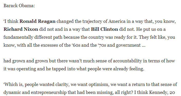 Takemeister's tweet photo. @ettingermentum This isn't correct at all - Obama didn't just make allusions to the leadership qualities of Reagan, he explicitly praised his vision for the country and accepted his framing of government "excesses"

https://t.co/OX3ftml0r8 https://t.co/vvpAyTD1Z0