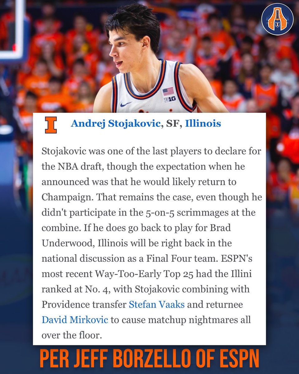 Champaign_Room's tweet photo. 🔥 UPDATE 🔥

Per @jeffborzello of @espn, Andrej Stojakovic is TRENDING towards returning to college 🏀 #illini https://t.co/qlDe7Y7zQS