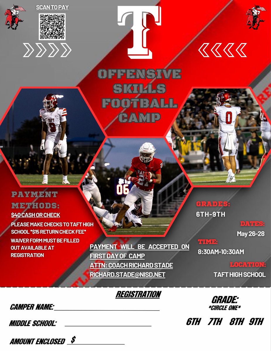 taft_club's tweet photo. 🏈 Taft Offensive Skills Football Camp 🏈
Incoming 6th-9th graders—get ready for the upcoming season!
📅 May 26–28
⏰ 8:30 AM – 10:30 AM
📍 Taft High School
💵 $40 (Cash/Check/QR Code)
Payment accepted on the first day of camp. Be sure to fill out your waiver at registration! https://t.co/7EuMEp1oqL