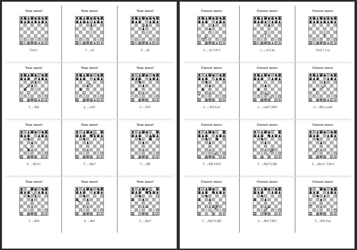 chess_mint's tweet photo. Introducing ChessMint Flashcards🗃️

➡️Upload/paste a PGN of your repertoire, select color and max depth, and a PDF is generated with 12 flashcards per 2 pages. 
➡️Print duplex, cut out the cards and start studying!

Feedback appreciated! 
(Note: allowed PGN size is limited)