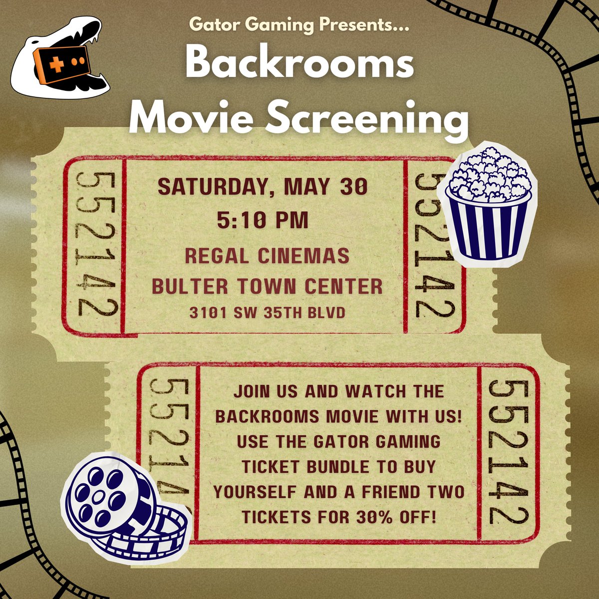 GatorGaming's tweet photo. For our first summer social, we're going to watch the Backroom movie!

We will be at the Butler Plaza Standard Screening on Saturday, May 30 at 5:10 PM.

Tickets are on sale NOW, and you can also support the club (while making your tickets cheaper) by using the link below:

1/2 https://t.co/Ox6dPsDJ2H