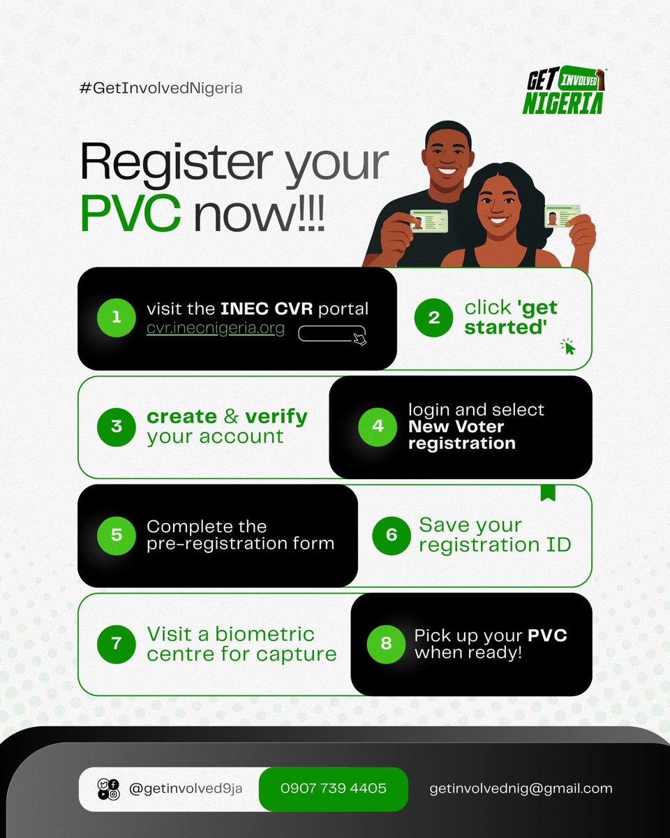 getinvolved9ja's tweet photo. Dear Gen Z, another election season is approaching. Beyond posting or tweeting about the challenges facing our country, it is time to get involved and become part of the process.

The first step is getting your PVC.

Secure your PVC Today!

#SDG16 https://t.co/AoXzeAP0eo