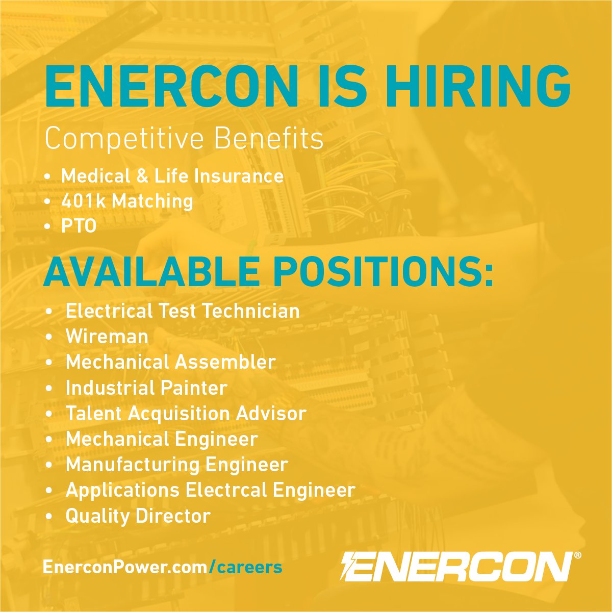EnerconPower's tweet photo. We’re growing at Enercon! We currently have 9 open positions ranging from entry-level manufacturing roles to experienced engineering opportunities. Join a team building critical power solutions for industries worldwide. Apply today: https://t.co/XDnYIRR8l3 https://t.co/NRgnxY2Ook
