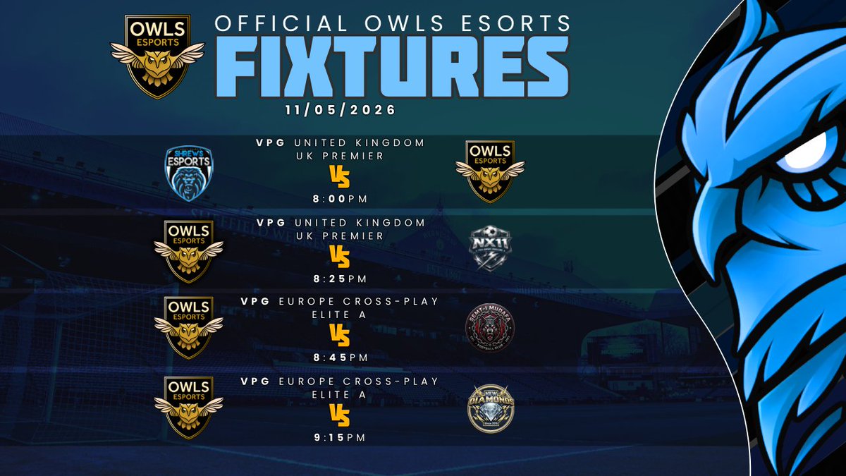 OWLSEsportsX's tweet photo. 🦉⚽️ FIXTURES &amp; STARTING XI ⚽️🦉

Tuesday night can only mean one thing—it’s @OfficialVPG  time.

#WAWAW #OWLSEsports @proclubs_weekly 

@Grootfc21 
@daveswfc100 
@Swifty2766 
@Arniesilverback 
@MADDERZ_7 
@
@weenwrld
@Boom1v
@FilthyCrunch 
@BozSzn07
@_Loze https://t.co/PT6xpcM1wZ