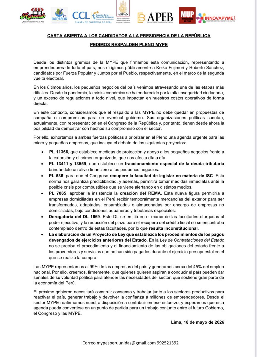 de_mype's tweet photo. Gremios pedimos priorizar aprobación de normas en el @congresoperu en favor de las Mypes.

Exhortamos a los partidos priorizar la agenda Mype.

Fraccionamiento Tributario, leyes del sector bodegas e imprentas son urgentes y el retorno de la facultad de regir el ISC al Congreso. https://t.co/SQRtyr3jQZ
