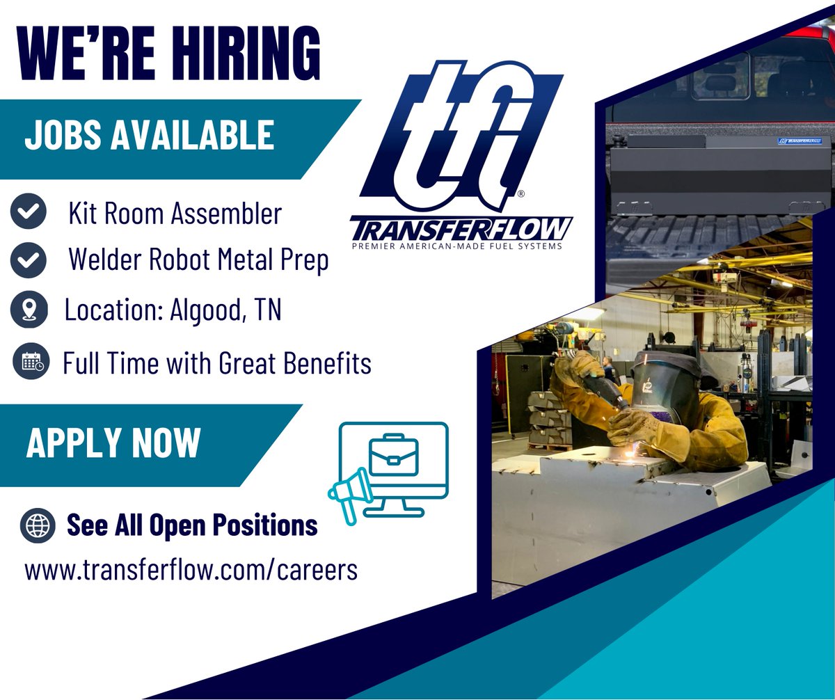 transferflow's tweet photo. We’re hiring in Algood, TN!
Open positions:
• Kit Room Assembler
• Welder / Robot Metal Prep
Full-time with great benefits.
Apply today: https://t.co/4MuNWa0R9p
#TransferFlow #NowHiring #AlgoodTN #TennesseeJobs #ManufacturingJobs #AmericanMade #CookevilleTN https://t.co/GxH1HELmy9