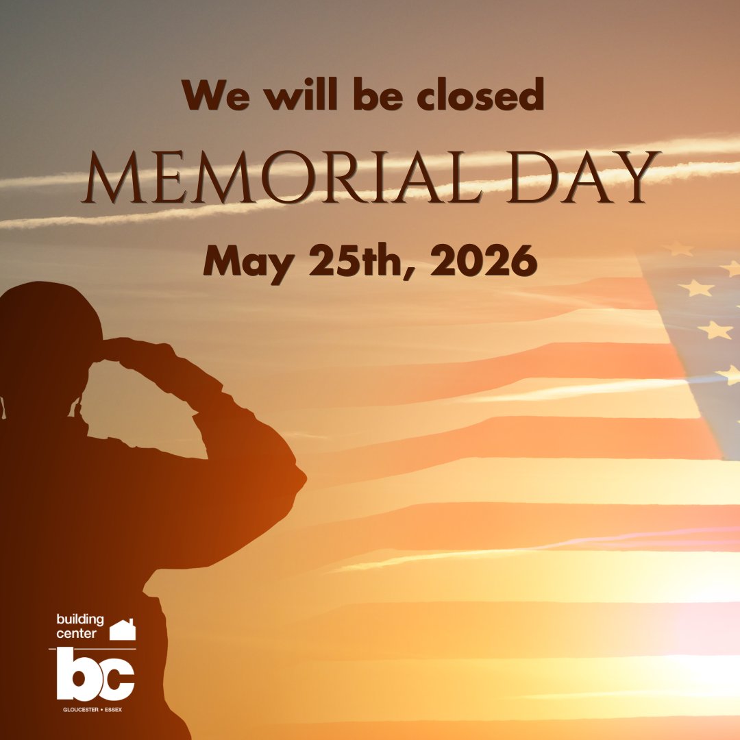 BuildingCenter's tweet photo. Building Center Gloucester will be closed on Memorial Day as we take time to honor and remember those who served and sacrificed for our country.

We will resume normal business hours on Tuesday.

Thank you, and we wish everyone a safe Memorial Day weekend. https://t.co/gBPnL1ZdvP