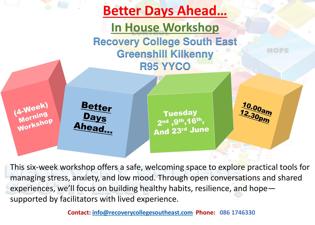 RecoverySe's tweet photo. 📢 DATE CHANGE — Better Days Ahead… workshop in Kilkenny has been rescheduled!
✅ New dates: Tuesdays 2nd–23rd June | ⏰ 10am–12.30pm 📍 Greenshill, Kilkenny
Spaces still available info@recoverycollegesoutheast.com
086 1746330
#Kilkenny #Rescheduled #FreeWorkshop #MentalHealth https://t.co/xZv9SpPyxW