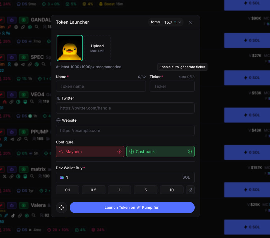 midlucks's tweet photo. Sneak peek at @TradingTerminal’s upcoming built-in token launcher competing with @gmgnai's Cooking deployer.

Built with the X tracker, featuring:
- Bundle/snipe options
- Vamping tokens
- Auto ticker generation
- Quick text selection to launch https://t.co/laorUYh6VX