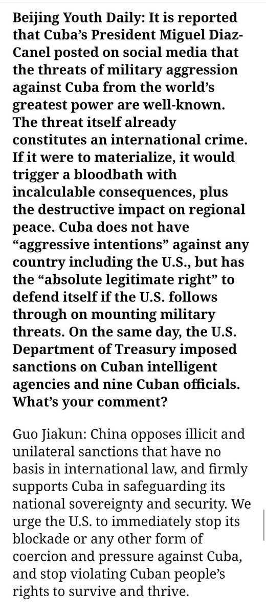 EmbZhangRun's tweet photo. El presidente de Cuba afirma que las amenazas militares de Estados Unidos contra su país constituyen un delito internacional. 
El portavoz del Ministerio de Asuntos Exteriores: China apoya firmemente a Cuba en la defensa de su soberanía y seguridad. https://t.co/FXaoTKtZoP