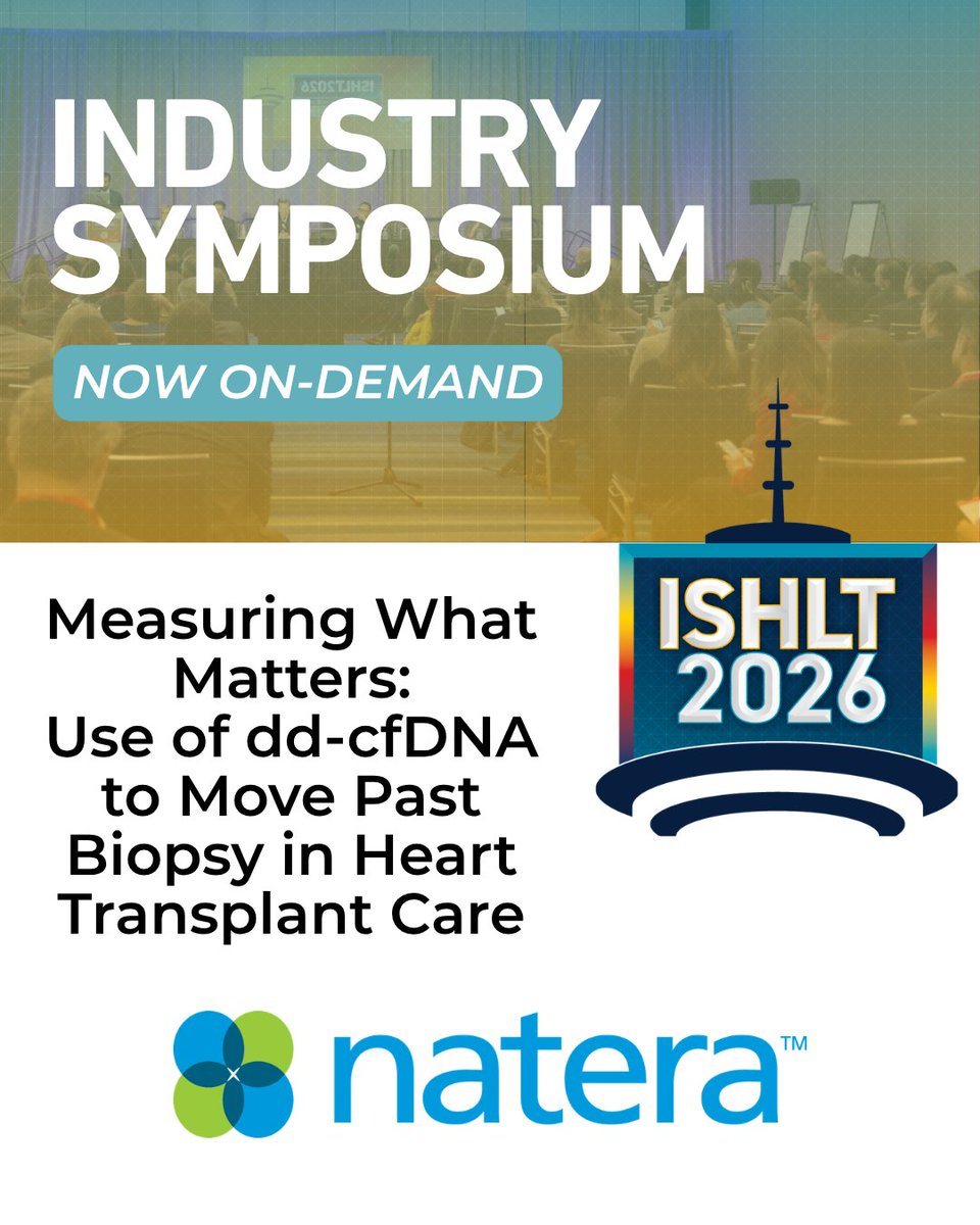 ISHLT's tweet photo. 📽️ Now on-demand 👉 Check out @NateraGenetics's #ISHLT2026 industry symposium to learn more about how emerging molecular tools are reshaping #HeartTransplant surveillance beyond traditional histology. Experts highlight evidence on how #ddcfDNA provides more objective, clinically relevant insights into graft health, with stronger correlation to outcomes. 💡🫀 🔗 https://t.co/TEwIaLE0ls