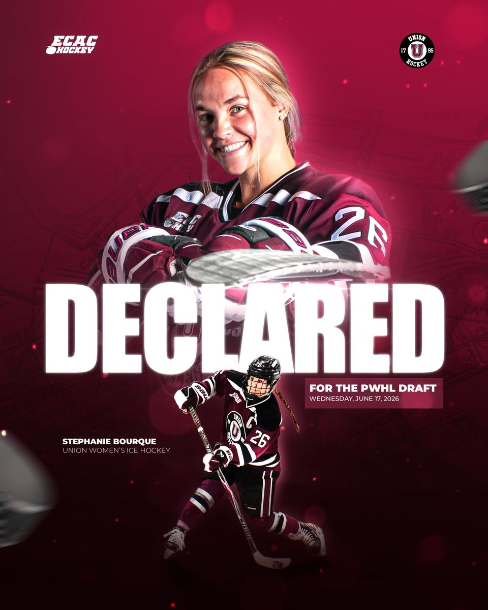 UnionWHockey's tweet photo. Congratulations to senior captain Stephanie Bourque, who has declared for the 2026 PWHL Draft, set to take place Wednesday, June 17, at the Fox Theatre in Detroit, Michigan!

#GoU x #UnionHockey https://t.co/yWzjlBJ6by