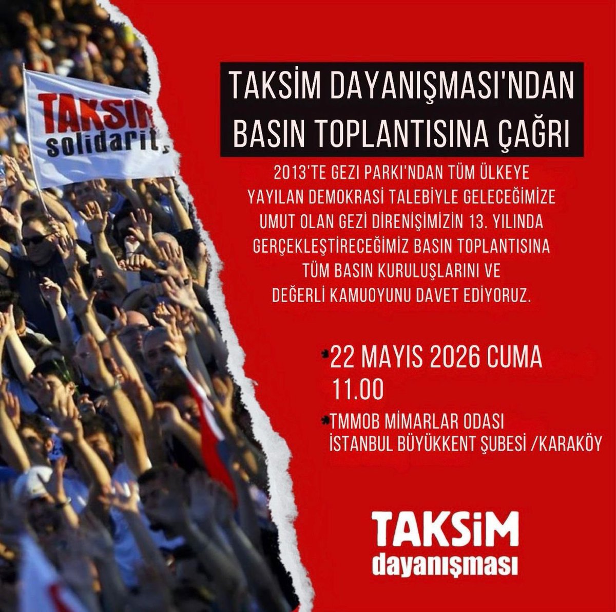 tmmobist's tweet photo. 2013’te Gezi Parkı’ndan tüm ülkeye yayılan demokrasi talebiyle geleceğimize umut olan Gezi direnişimizin 13. yılında basın toplantısında bir aradayız.

📆 22 Mayıs 2026, Cuma -11.00
📍 TMMOB Mimarlar Odası İstanbul Büyükkent Şubesi - Karaköy https://t.co/yXNf1uIIjn