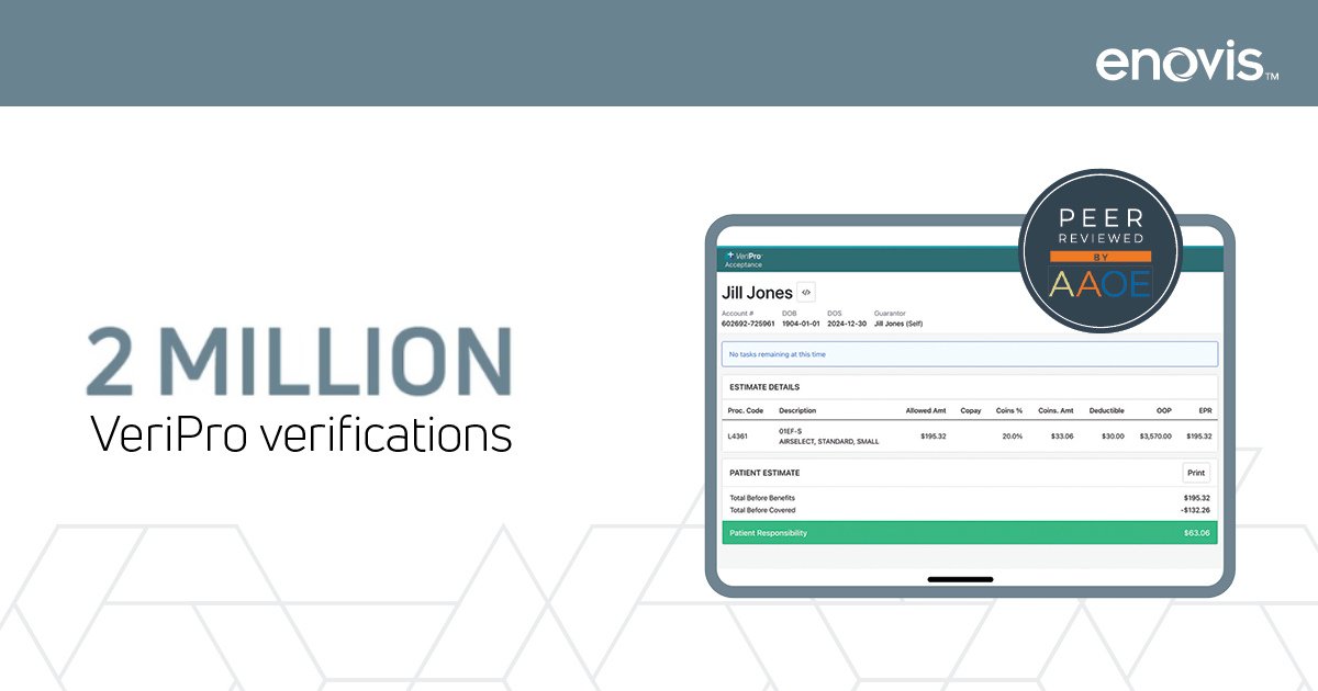 enovismedtech's tweet photo. 2 million verifications and counting! 🙌
 
VeriPro® has now completed more than 2 million verifications, helping bring greater clarity to every step of the healthcare journey. By providing insight into patient coverage ahead of care, VeriPro® supports more informed decision-making for both providers and patients. Refined through years of real-world use, this application delivers proven performance you can trust.
 
This milestone reflects our continued commitment to supporting a more seamless experience across the continuum of care.

➡️Learn more about VeriPro: https://t.co/sPUS2NVQyc 
 
#Enovis #MedTech #Healthcare #CreatingBetterTogether