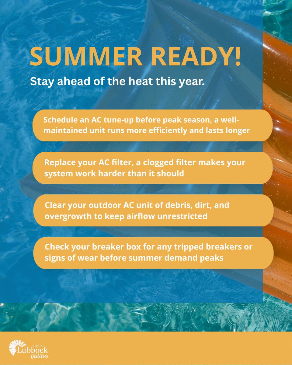 COLUtilities's tweet photo. Before the heat peaks, take a few minutes to prep your home's systems, your AC, your filters, and your electrical panel will thank you. The City of Lubbock is committed to helping residents stay safe and comfortable all season long.

https://t.co/OlfSSHDtED https://t.co/cpppUlz806