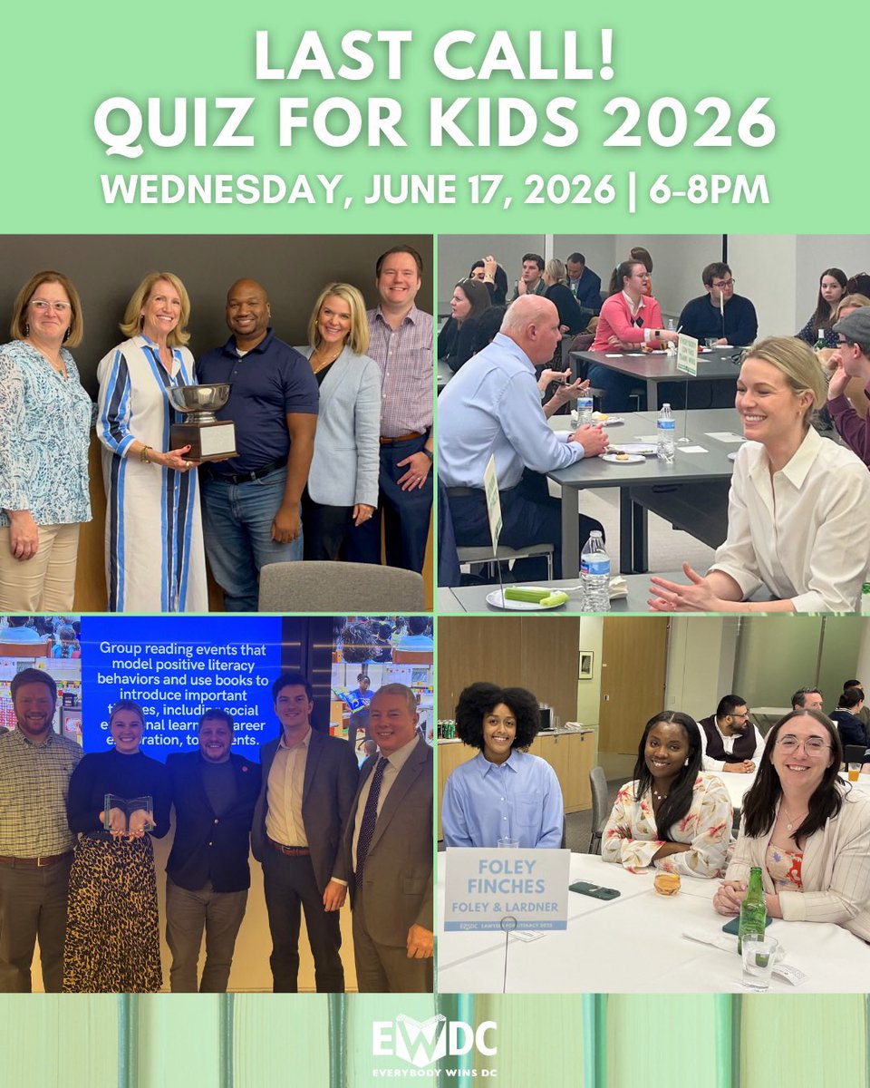 EverybodyWinsDC's tweet photo. There are just 3 spots left for our annual trivia fundraiser, Quiz for Kids!

To reserve your spot and learn more, visit https://t.co/DGERj0Ux4x or email Rody Baron, Director of Development, at rbaron@everybodywinsdc.org! https://t.co/UlW92M06s1