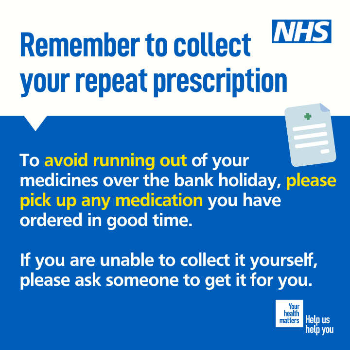 LancsHospitals's tweet photo. 📝 Don't forget to collect your repeat prescription ahead of the May bank holiday weekend, to ensure you don't run out of medication.

🏥 Some pharmacies may have reduced opening hours over the bank holiday.

Go to ▶️ https://t.co/K6VpYzzLW3 https://t.co/GmWQXflaCj