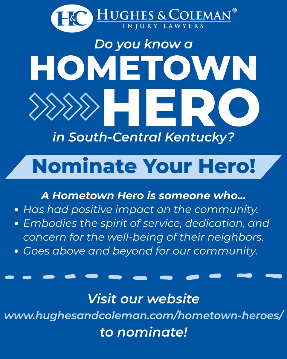 HughesColeman's tweet photo. Do you know someone who goes above and beyond in our South-Central Kentucky community? Nominate them to be a Hometown Hero! Click the link below to submit your nomination!
https://t.co/3ANIHoC9Qv

#injurylawyers #lawfirm #communtiy #southcentralkentucky #SOKY #Kentucky https://t.co/71IjAgwCl8