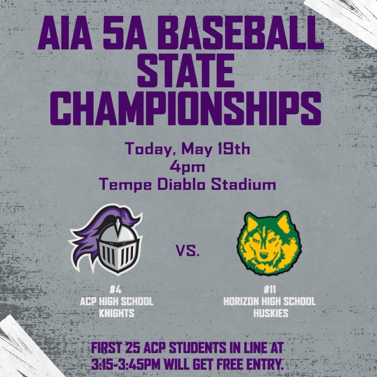 ACPAthletics's tweet photo. The stage is set. The 5A AIA State Championship is here as the ACP Knights battle Horizon for the title! One more game. One more opportunity to leave a legacy. Let’s pack the stands and bring the energy! #GoKnights
#ACPKnights #AIA #ACPBaseball #LeaveALegacy @CUSDAthletics https://t.co/BuDP6l35GH