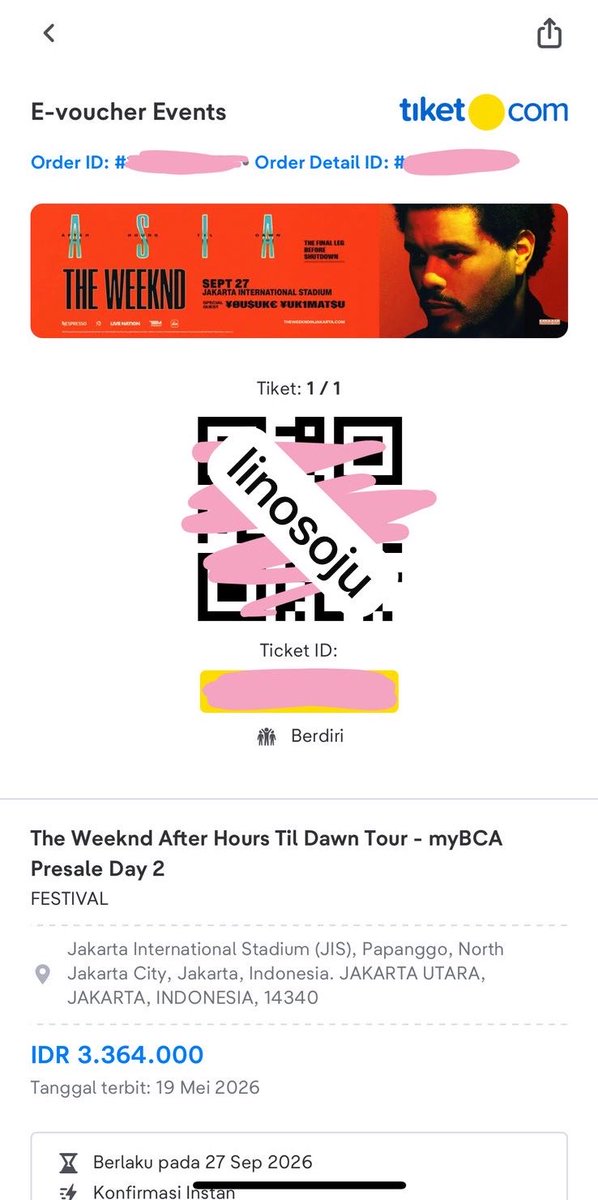 linosoju's tweet photo. wtt // want to trade the weeknd in jakarta

have: festival day 2 (mybca presale)
want: festival day 1

#wtt #wanttotrade #theweendinjkt https://t.co/iVSzreJjEk