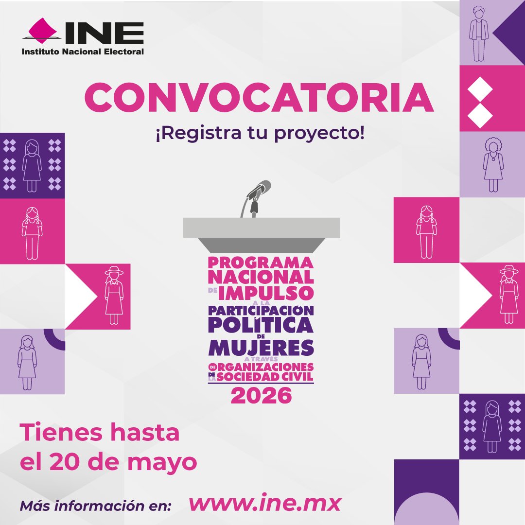NormaIreneD's tweet photo. Avísales a las organizaciones de la sociedad civil que tienen hasta mañana 20 de mayo para participar en la convocatoria abierta del Programa Nacional de Impulso a la Participación Política de Mujeres.

Podrán registrar proyectos en las siguientes temáticas: 

*Promoción de los derechos humanos y político-electorales de las mujeres y actividades de difusión innovadoras.

*Desarrollo de agendas de género enfocadas en el respeto a los derechos humanos de las mujeres y la paridad de género. 

*Prevención y/o atención de violencia política contra las mujeres en razón de género.

*Continuidad con impacto social y comunitario. 

Aquí más información:
