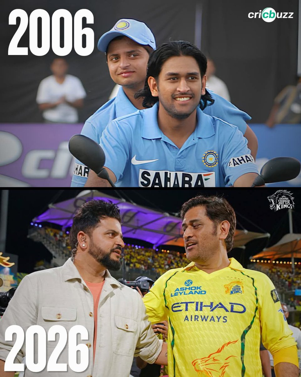 Kanhaiykumar123's tweet photo. 20 years apart, the same brotherhood 💙💛

📸: Chennai Super Kings
.
.
.
(MS Dhoni, Suresh Raina, Chennai Super Kings, Cricket, IPL 2026, CSK vs SRH) https://t.co/sjv22bgcJc
