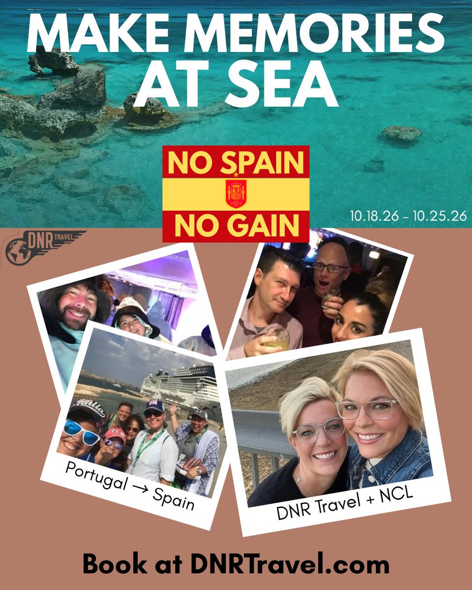 dnr_studios's tweet photo. The best vacations are the ones you take together 🫂. Join DNR Travel + NCL on the No Spain, No Gain Cruise from October 18–25, 2026. Turn your next group trip into seven unforgettable days. Tag the friends you’re bringing and reserve your cabins today at https://t.co/raJimczk4Q https://t.co/yC23XTwyr2