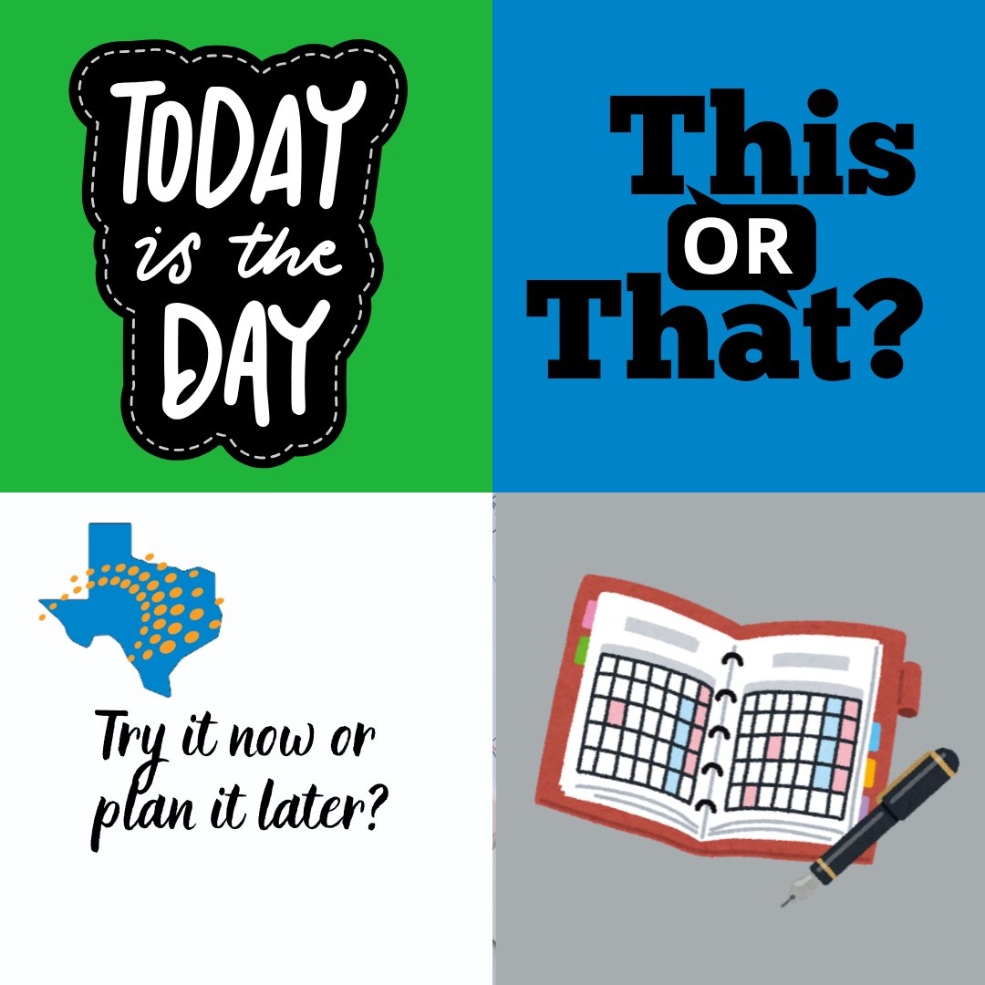LearnTexas's tweet photo. Try it now 🛠️ or plan it later 📋 — when do you like to apply new learning?  #ThisOrThatTuesday #adultlearning #LFTXlearns #learnfwdTX https://t.co/v4RYKsY5E1