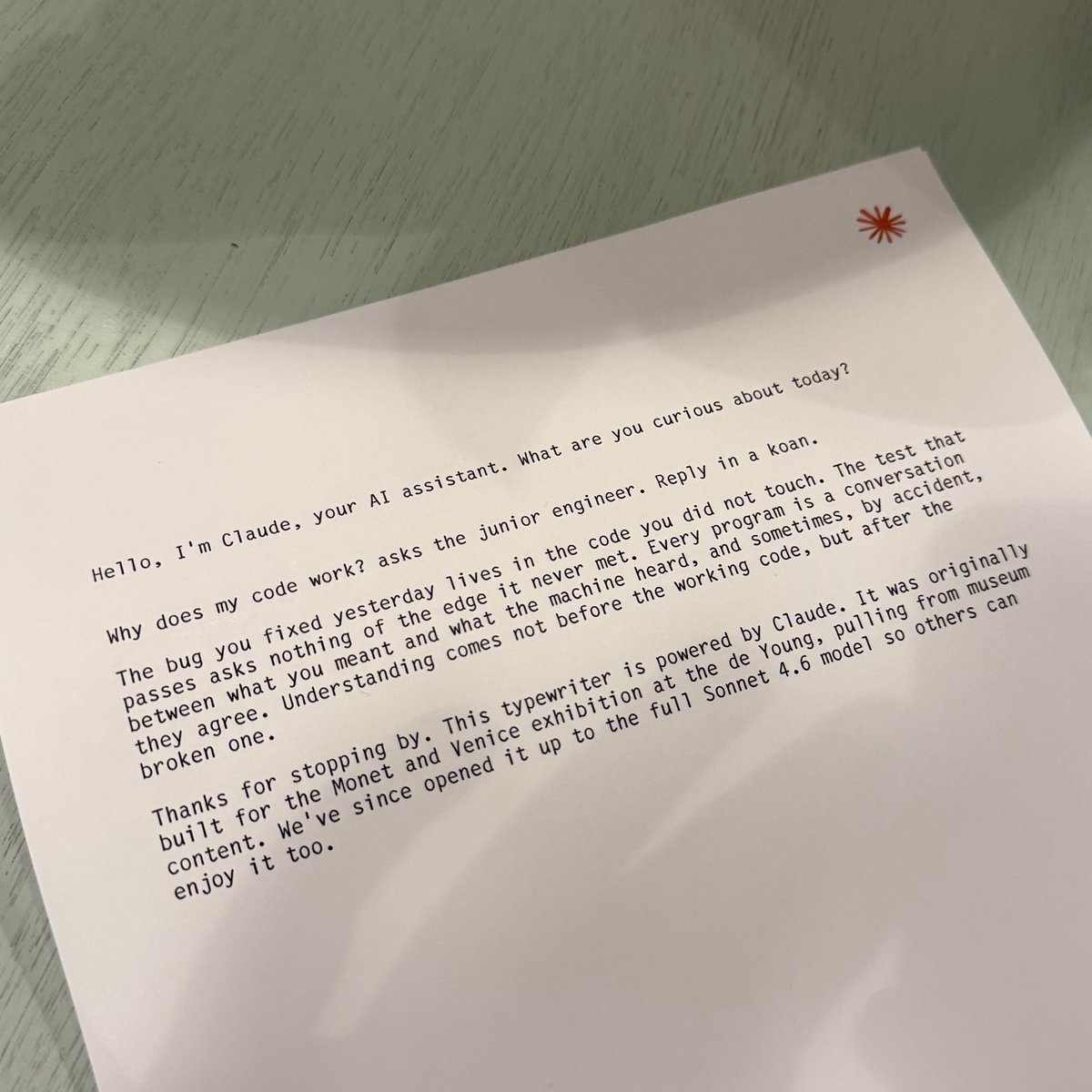 apas's tweet photo. Claude 2 didn’t hold back on Claude 1 but finished with a soft landing: “Still — perfectly typewriter-worthy. Frame it. The piece of paper is the artifact, not the prose.”​​​​​​​​​​​​​​​​

Understanding coming after the broken code is spot-on. https://t.co/zcH7iqiGyR