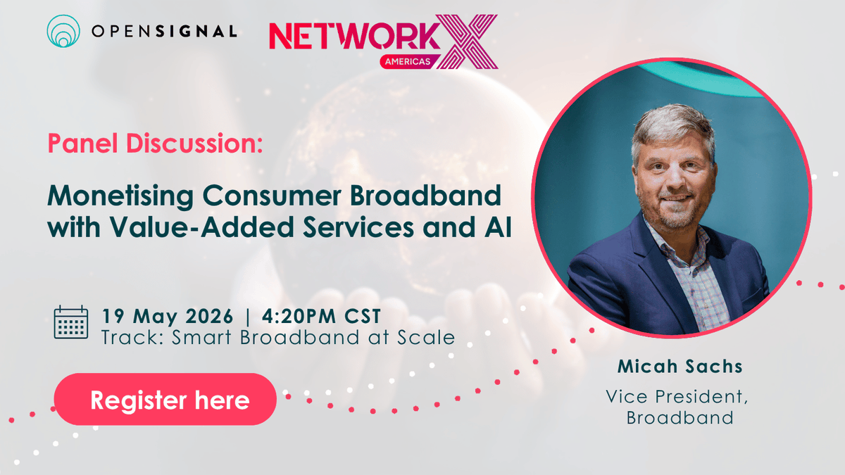 opensignal's tweet photo. Don't miss out on the Panel discussion with Micah Sachs: 
Monetizing Consumer Broadband with Value-Added Services and AI

Track: Smart Broadband at Scale
Tuesday, May 19, 2026 4:20pm - 5:00pm CST

Need a pass? DM us! https://t.co/ZGyYs5niGI https://t.co/AGeIXAaaLr