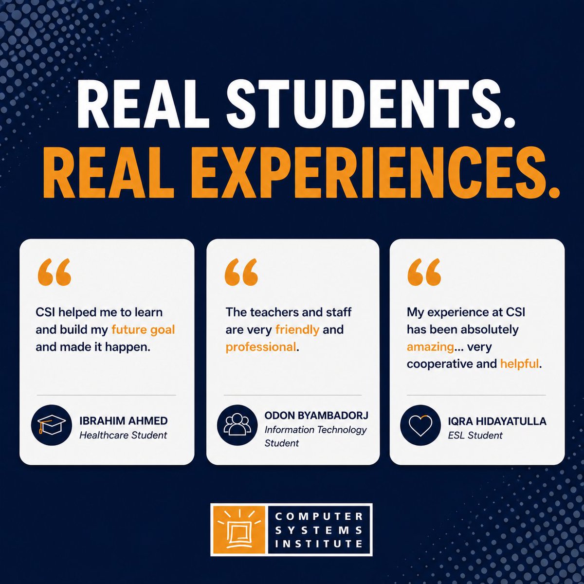 CSInowEDU's tweet photo. At CSI, our students are at the center of everything we do. Your goals are possible, and our students represent this every day.  

Hear from real students and see how their experiences are shaping their futures. Explore more at https://t.co/XVwV7yyXfQ #WhyCSI https://t.co/qlwbbDoWS6