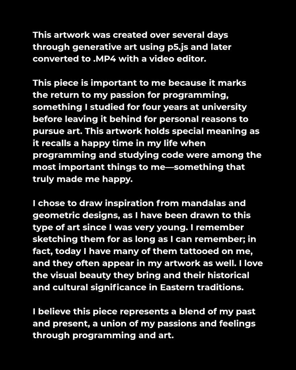 enne_rhn96's tweet photo. "Geometry of the Soul I" 

A generative artwork created with p5.js and exhibited for a month last year in Shenzhen, China 🇨🇳 at @EinsightGallery

Now available to collect on their platform

📌 5 ed - 0.05 $ETH (Base)
🔗👇🏻 https://t.co/0fcUvLl2z8