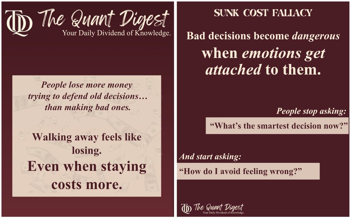 TheQuantDigest's tweet photo. Most investors don’t lose money because they lack intelligence.

They lose because they get emotionally attached to bad decisions.

Holding collapsing stocks because “it’ll recover” is often just the sunk cost fallacy.

#Investing #BehavioralFinance #Stocks #StockMarket #MONEY https://t.co/fUu4kDoF3l