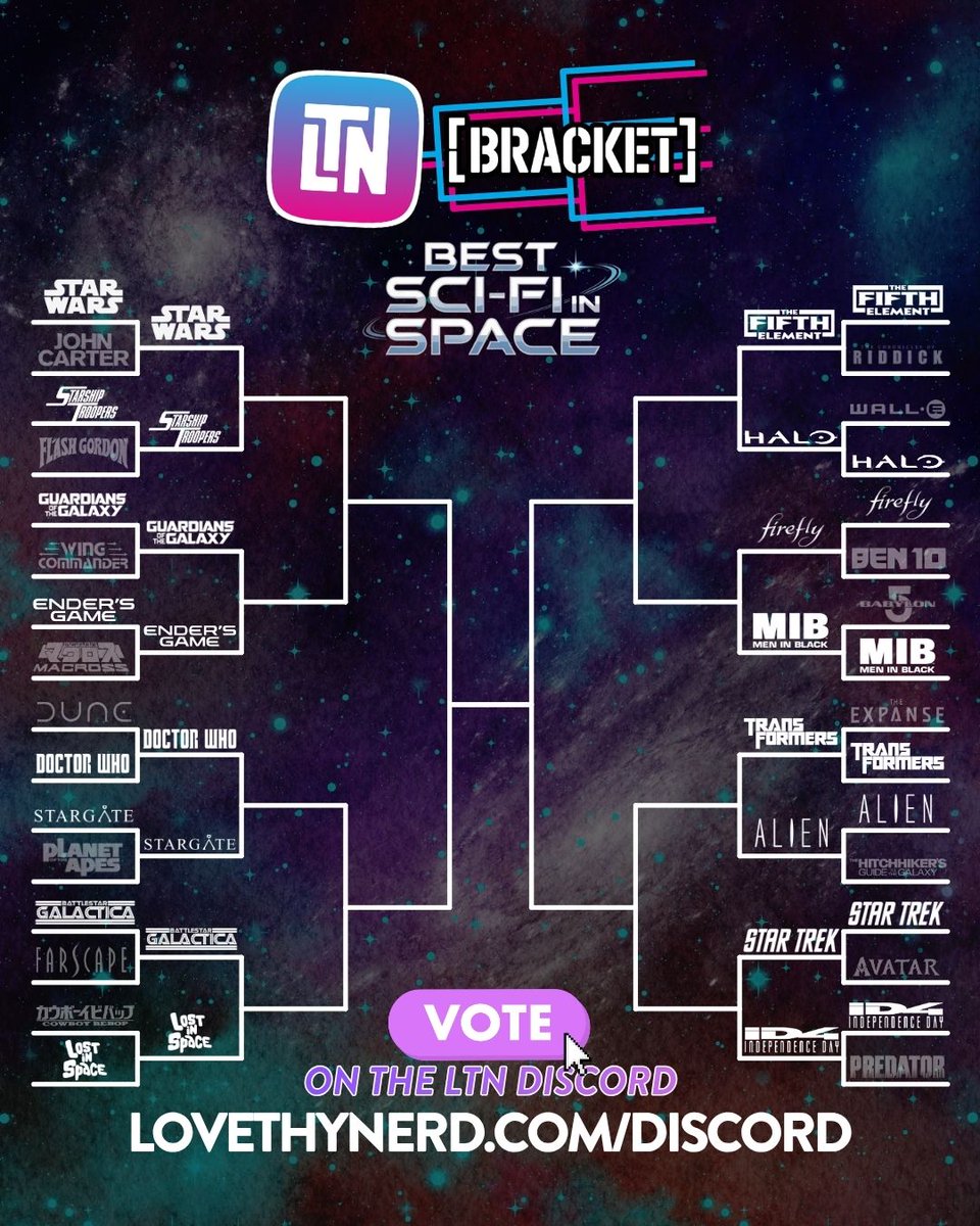 lovethynerd's tweet photo. Our first round of our Space Sci-Fi LTN Bracket is over and we're down to the Sweet 16! Voting in the first two match-ups is already underway, so join us on the LTN Discord today. https://t.co/ypNgQDL36y https://t.co/a7Rv27qwBb