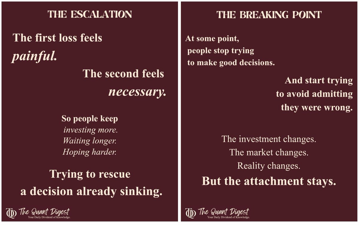 TheQuantDigest's tweet photo. Most investors don’t lose money because they lack intelligence.

They lose because they get emotionally attached to bad decisions.

Holding collapsing stocks because “it’ll recover” is often just the sunk cost fallacy.

#Investing #BehavioralFinance #Stocks #StockMarket #MONEY https://t.co/fUu4kDoF3l
