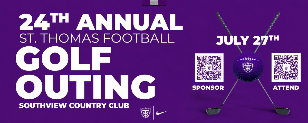 UST_Football's tweet photo. 🚨24th Annual Golf Outing 🟣⚪️⚫️
📅: Monday, July 27, 2026
🕰️: 12:30p
⛳️: Southview Country Club

Hit the QR code or Registration 🔗:
https://t.co/aFzske1iGt to sign up for golf or support the Program directly through a sponsorship Package 💟

#FAMILY • @UofStThomasMN • ⛳️⚔️🏈 https://t.co/uDWqn3TFYw