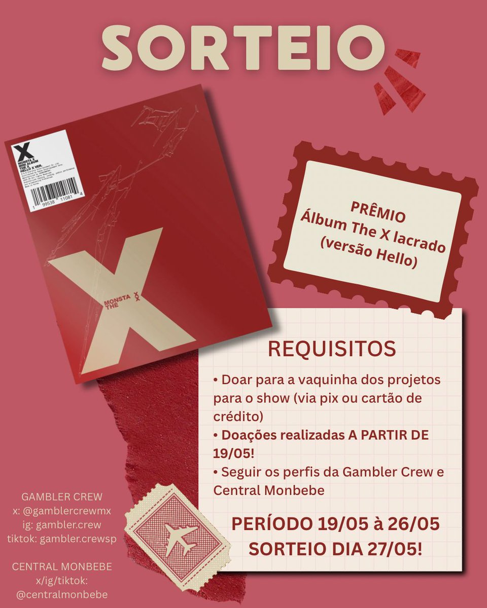 gamblercrewmx's tweet photo. 🚨 SORTEIO 🚨

Álbum THE X lacrado (versão Hello) 🎁

Para participar:
• doar para a vaquinha dos projetos
• seguir @gamblercrewmx e @centralmonbebe

🔗 https://t.co/CeegKUdOb6

⚠️ IMPORTANTE:
só serão válidas doações realizadas A PARTIR desta publicação (19/05). 

#MONSTAXnoBR https://t.co/K1LZgukH7L