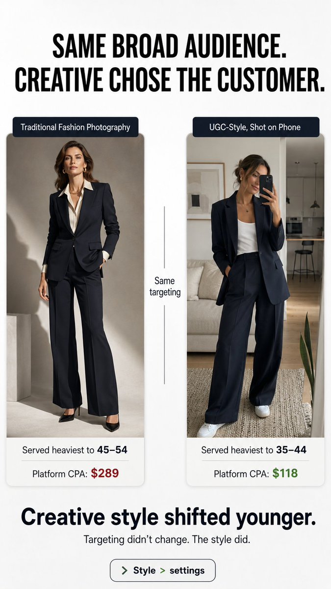 CProGrowth's tweet photo. Luxury fashion. $400-$600. Wanted younger buyers.

Two ads, both broad:
• Traditional photo → served to 45-54. Platform CPA: $289
• UGC-style → served to 35-44. Platform CPA: $118

Forced traditional onto younger audience? $194.

$76 more per customer than just building the right creative.

#CreativeStrategy #MetaAds #PerformanceMarketing