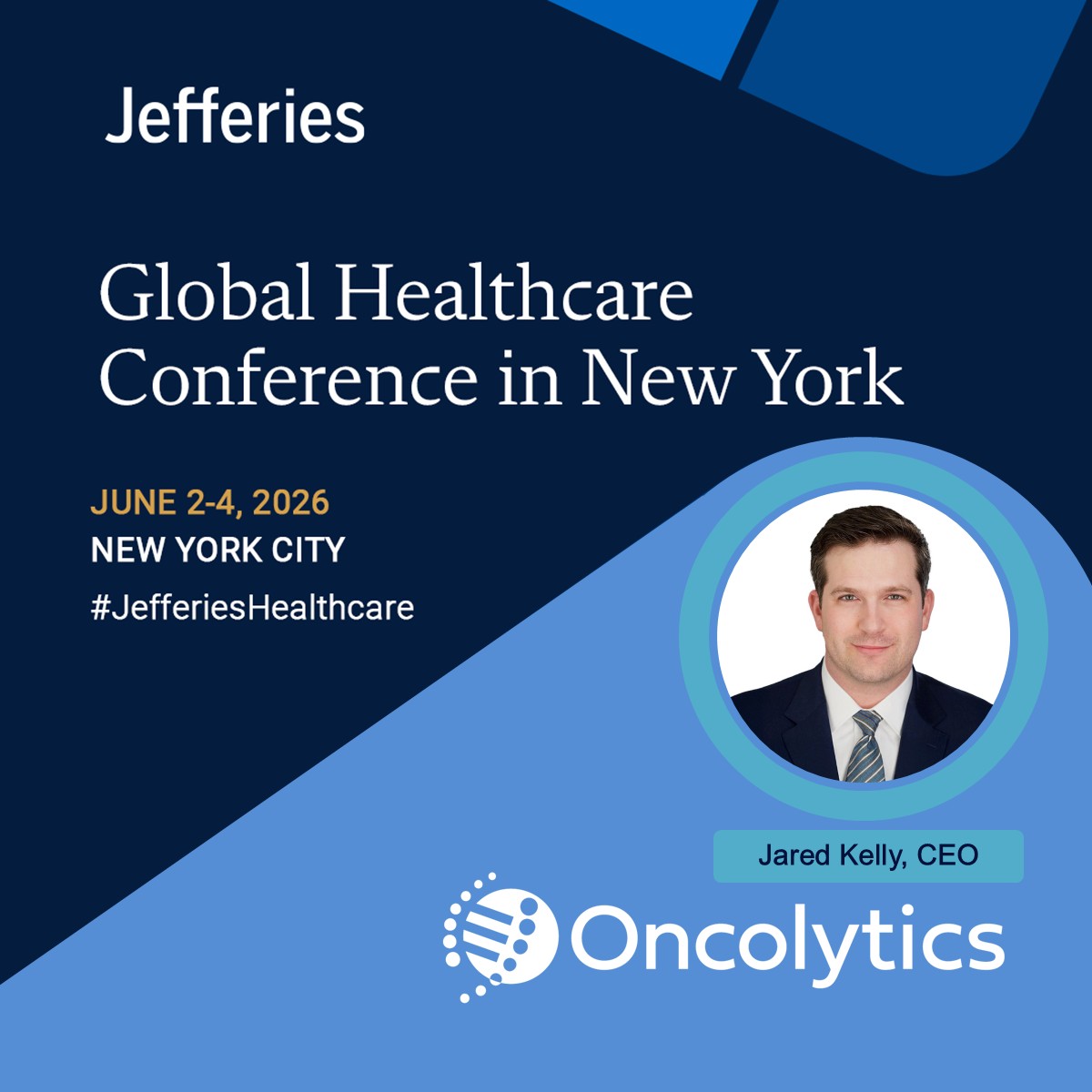 Oncolytics's tweet photo. Jared will be presenting the vision for #pelareorep as an enhancement therapy for GI tumors at the #JefferiesHealthcare Conference on June 4 at 12:50pm ET. He will discuss the ongoing #ColorectalCancer trial, recent FDA alignment, and more. For a 1x1, contact your @Jefferies rep. https://t.co/TJw8BoB4Tl