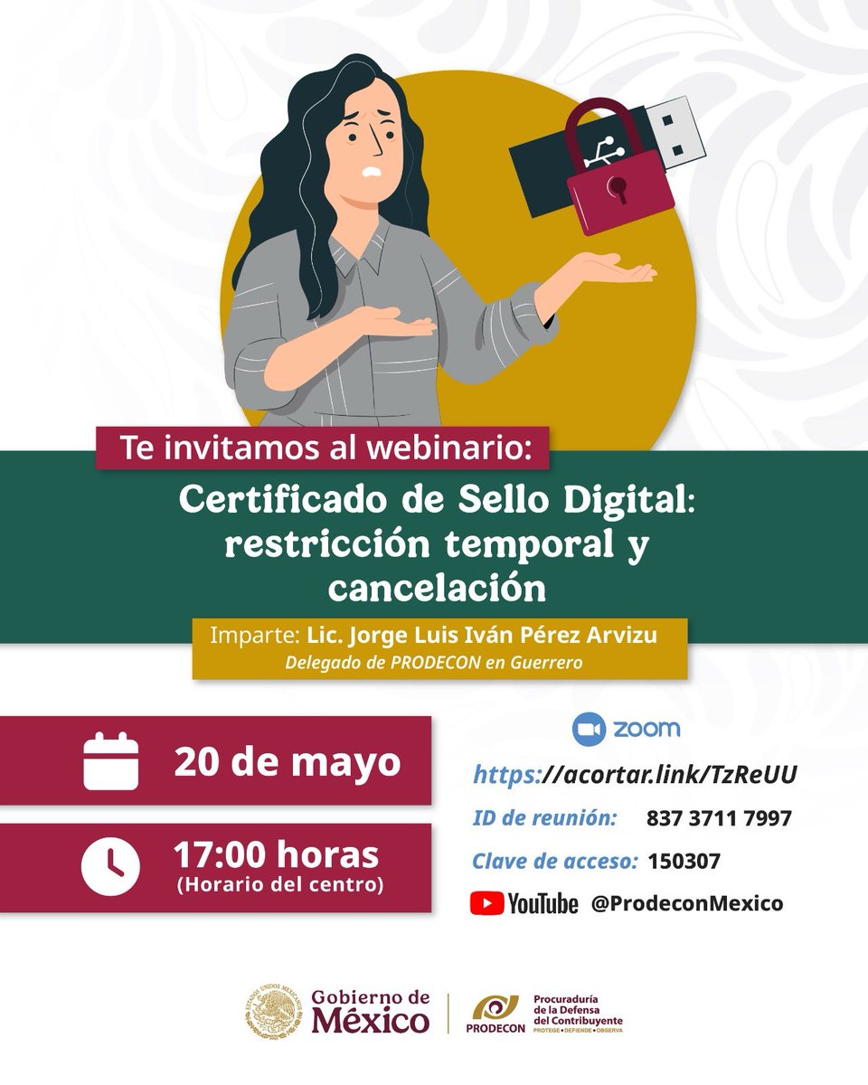 ProdeconMexico's tweet photo. #WebinarioPRODECON 💻

¿Tu Certificado de Sello Digital presenta restricciones o fue cancelado? 😱 🚫

Te invitamos a nuestro #Webinario, donde abordaremos aspectos relevantes sobre la restricción temporal y la cancelación del Certificado de Sello Digital. 🙌🏻

✍🏼 Regístrate gratuitamente, aquí ➡️ https://t.co/EVzjVt0Qnv

#CulturaContributiva
#NosTransformamosPorTí