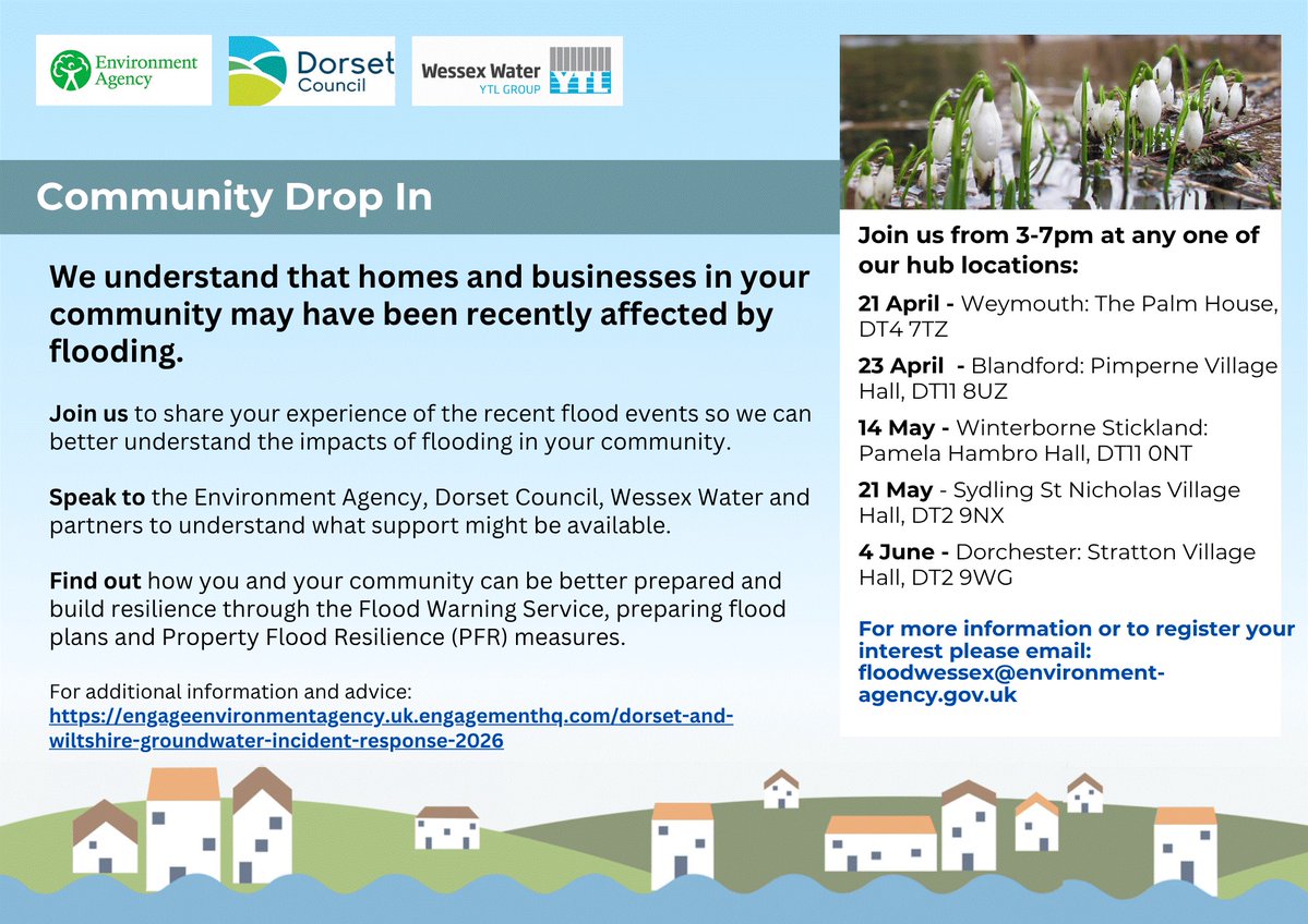 EnvAgencySW's tweet photo. 💧 Are you a Dorset resident who was affected by flooding this winter? 
🗣 Come speak to representatives &amp; get practical advice on building resilience
➡ Drop in any time between 3-7pm
📍Thurs 21 May – Sydling St Nicholas Village Hall, DT2 9NX https://t.co/GCLqqUJCOY