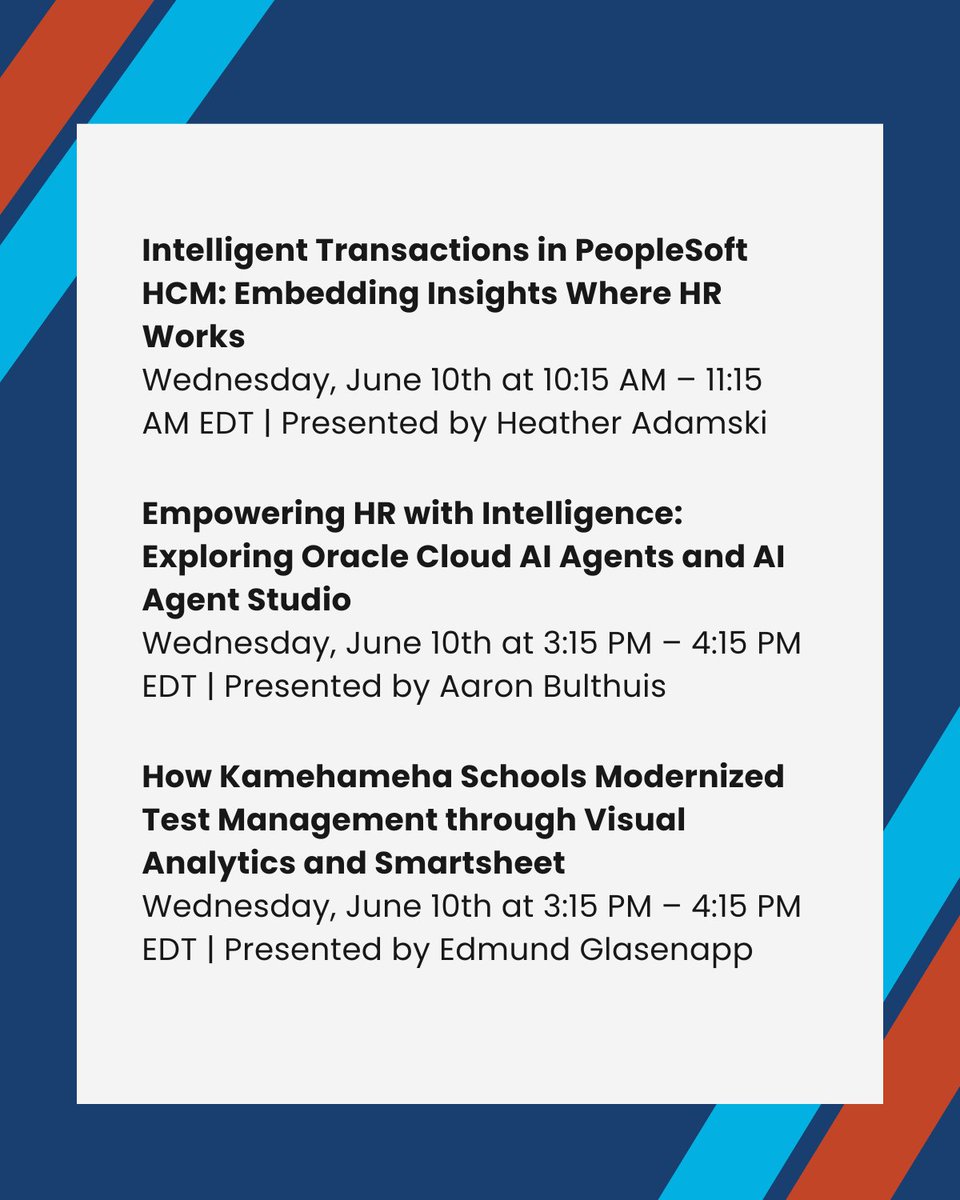 elireinc's tweet photo. #TeamElire is proud to be presenting seven sessions at #Ascend2026, covering topics designed to help organizations navigate Oracle innovation and emerging technologies.
Learn more: https://t.co/g0yG6O7a8h
#Ascend2026 #OraclePartner https://t.co/laFb1mjsLQ