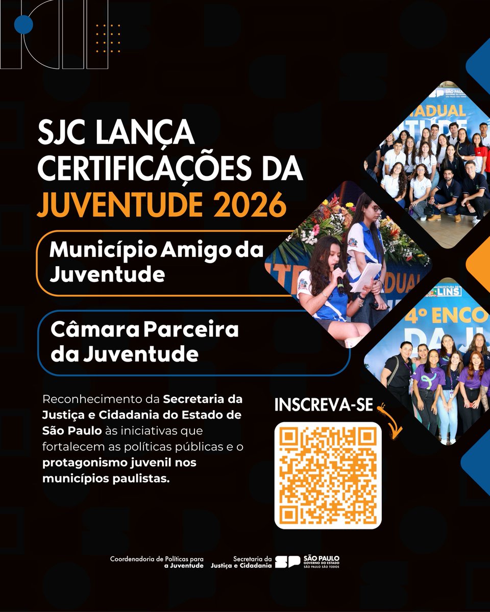 JusticaSP's tweet photo. 🏅 A Secretaria da Justiça e Cidadania lançou o Certificado Município Amigo da Juventude 2026 e o Certificado Câmara Parceira da Juventude 2026!

Municípios e câmaras municipais que incentivam a participação dos jovens já podem se inscrever até 05/06. https://t.co/1c8TfB7x8F