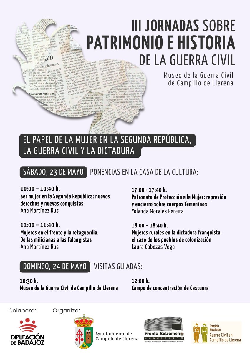 masmagin's tweet photo. El próximo 23 de mayo, os esperamos en Campillo de Llerena para celebrar una jornada en la que reflexionaremos y profundizaremos en la historia y la memoria de las mujeres durante uno de los periodos más decisivos del siglo XX en España.
📷 Inscripción: https://t.co/JpKL67BjrT https://t.co/ZMoUafPd9V