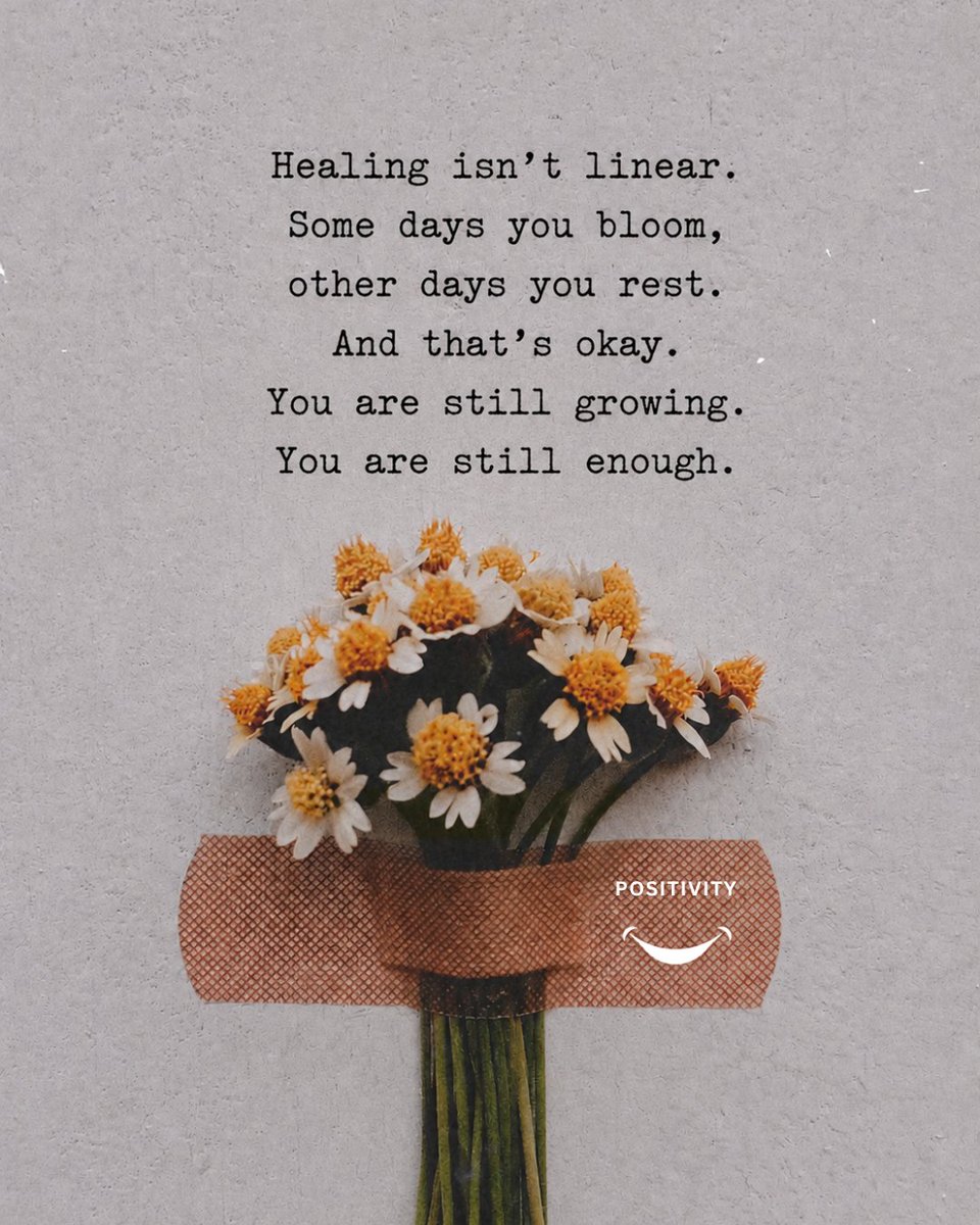PositivitySaid's tweet photo. A gentle reminder for anyone who needs to hear it today: your journey doesn’t have to look perfect to be meaningful. 🩹🌼

We often look at growth as a steady climb upward, but real life includes pauses, setbacks, and quiet days. Having a hard day or feeling tired doesn’t erase all the amazing progress you’ve already made. Resting isn't quitting; it’s an essential part of blooming.

Be incredibly kind to yourself today. No matter what stage of the process you are in, you are doing great, and you are entirely enough just as you are. 🤍

#HealingJourney #SelfLove #TakeABreath #MentalWellbeing
