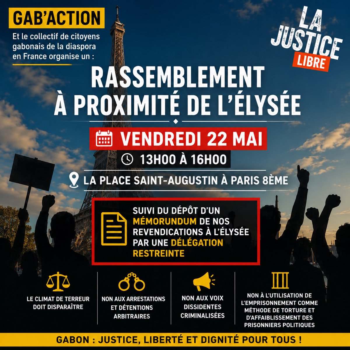 TheGabaction's tweet photo. La justice gabonaise ne doit pas être une arme braquée sur la tempe du peuple gabonais, tant qu'il en sera ainsi, nous ne lâcherons rien.
@eloisebouanga @Elysee @fidh_fr @amnesty
#DroitsHumains #GabonGabonais https://t.co/2mokFHQbCx
