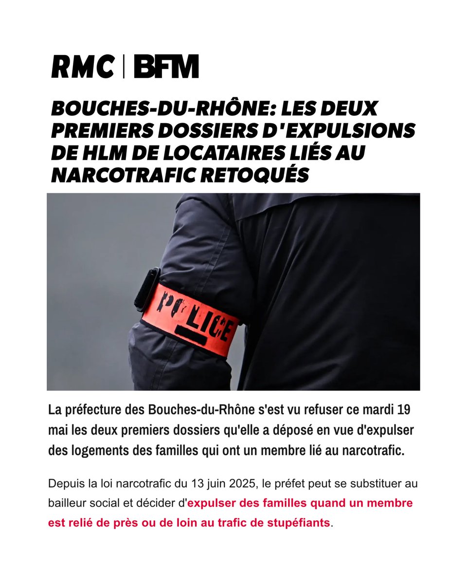 RomainSimmarano's tweet photo. La justice administrative a tranché, et ça n’est pas contestable. Mais cela pose un problème d’application de la loi narco, loi votée par le Parlement, qui correspond à l’expression de la volonté populaire ! 

L’Etat doit pouvoir lutter avec tout l’arsenal législatif disponible contre les marchands de mort, sinon l’impunité continuera de régner. Pendant ce temps, 120.000 personnes attendent un logement social dans le seul département des Bouches du Rhône !

Nous serons, avec le collectif @GenerationMRS, très vigilants à la position du juge administratif sur l’ensemble des prochains dossiers similaires. Si cette jurisprudence devait s’installer, alors nos députés devront rapidement revoir cette loi, et la rendre applicable !

Soutien au @Prefet13 et à la @prefpolice13.